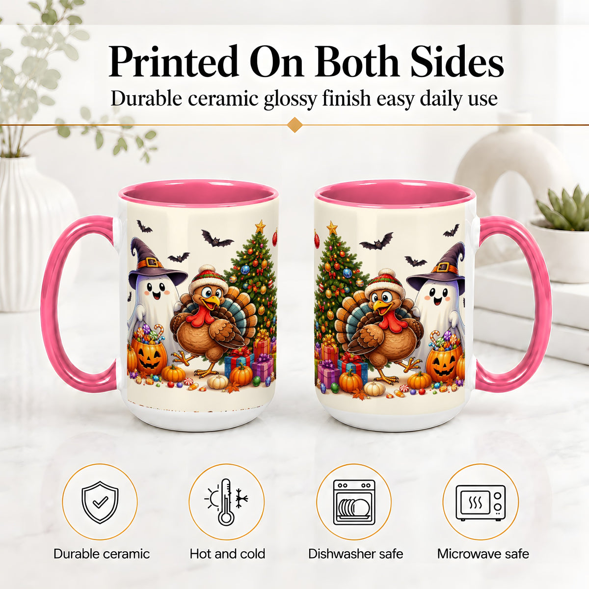 #pl[15oz|Pink] Ghost Turkey Christmas Ceramic Mug, Halloween Holiday Seasonal Art