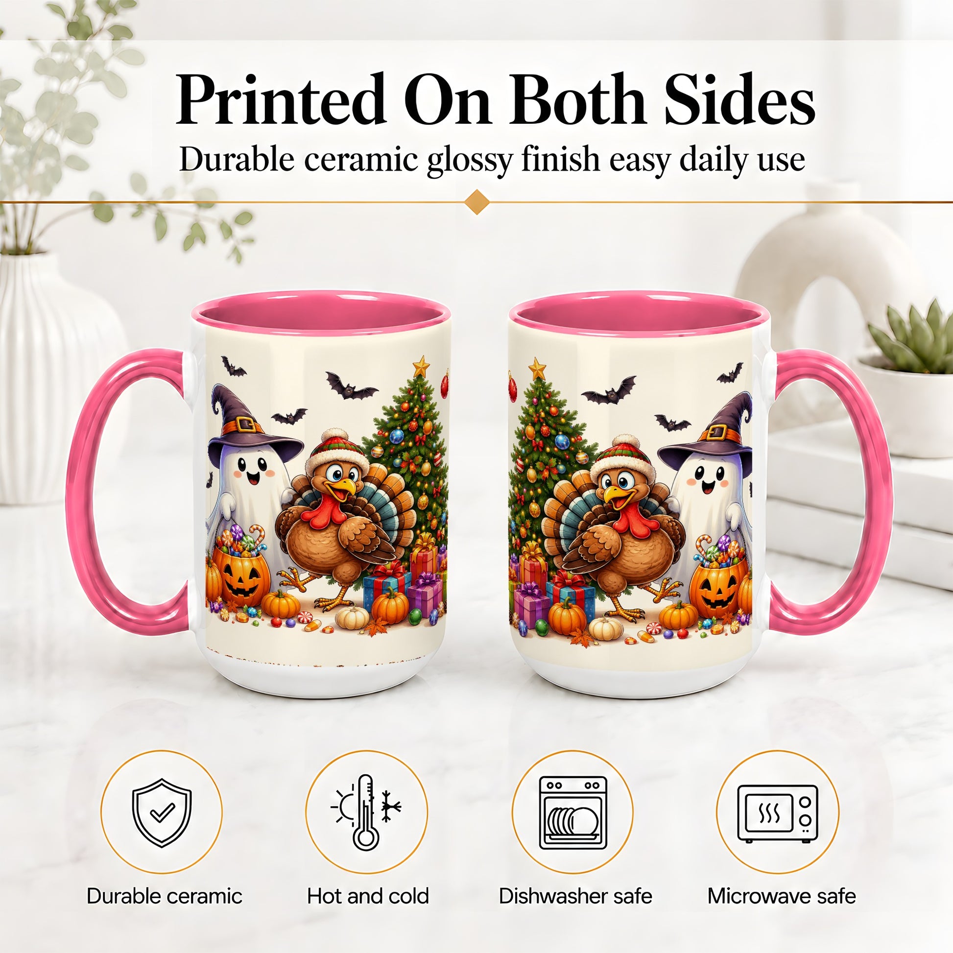 #pl[15oz|Pink] Ghost Turkey Christmas Ceramic Mug, Halloween Holiday Seasonal Art