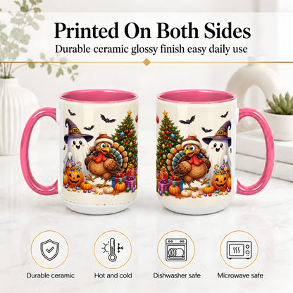 #pl[15oz|Pink] Ghost Turkey Christmas Ceramic Mug, Halloween Holiday Seasonal Art