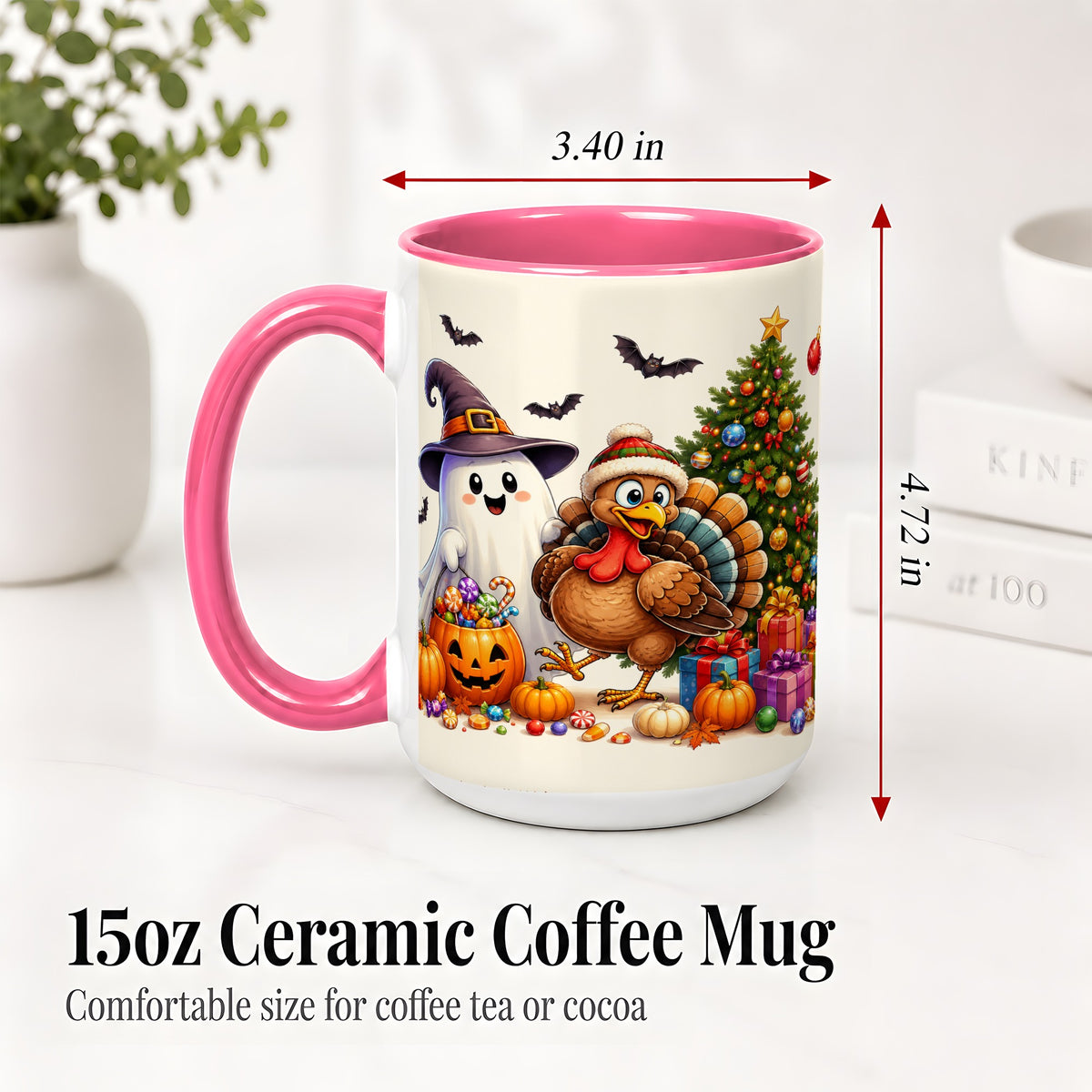 #pl[15oz|Pink] Ghost Turkey Christmas Ceramic Mug, Halloween Holiday Seasonal Art