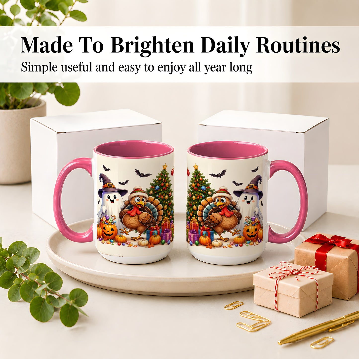#pl[15oz|Pink] Ghost Turkey Christmas Ceramic Mug, Halloween Holiday Seasonal Art