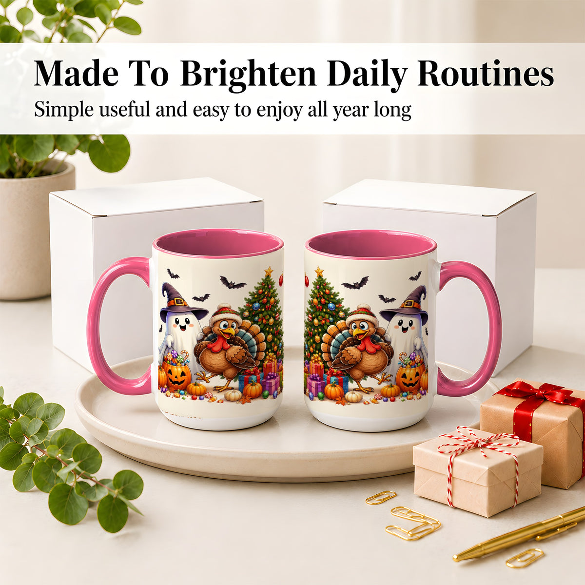 #pl[15oz|Pink] Ghost Turkey Christmas Ceramic Mug, Halloween Holiday Seasonal Art