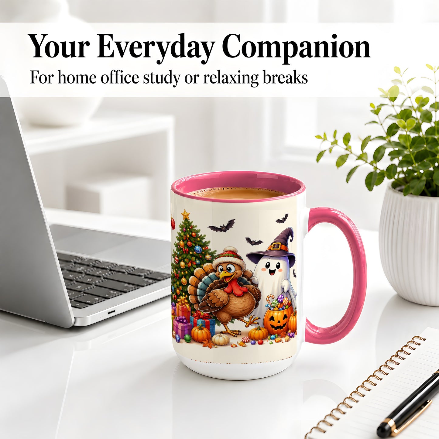 #pl[15oz|Pink] Ghost Turkey Christmas Ceramic Mug, Halloween Holiday Seasonal Art