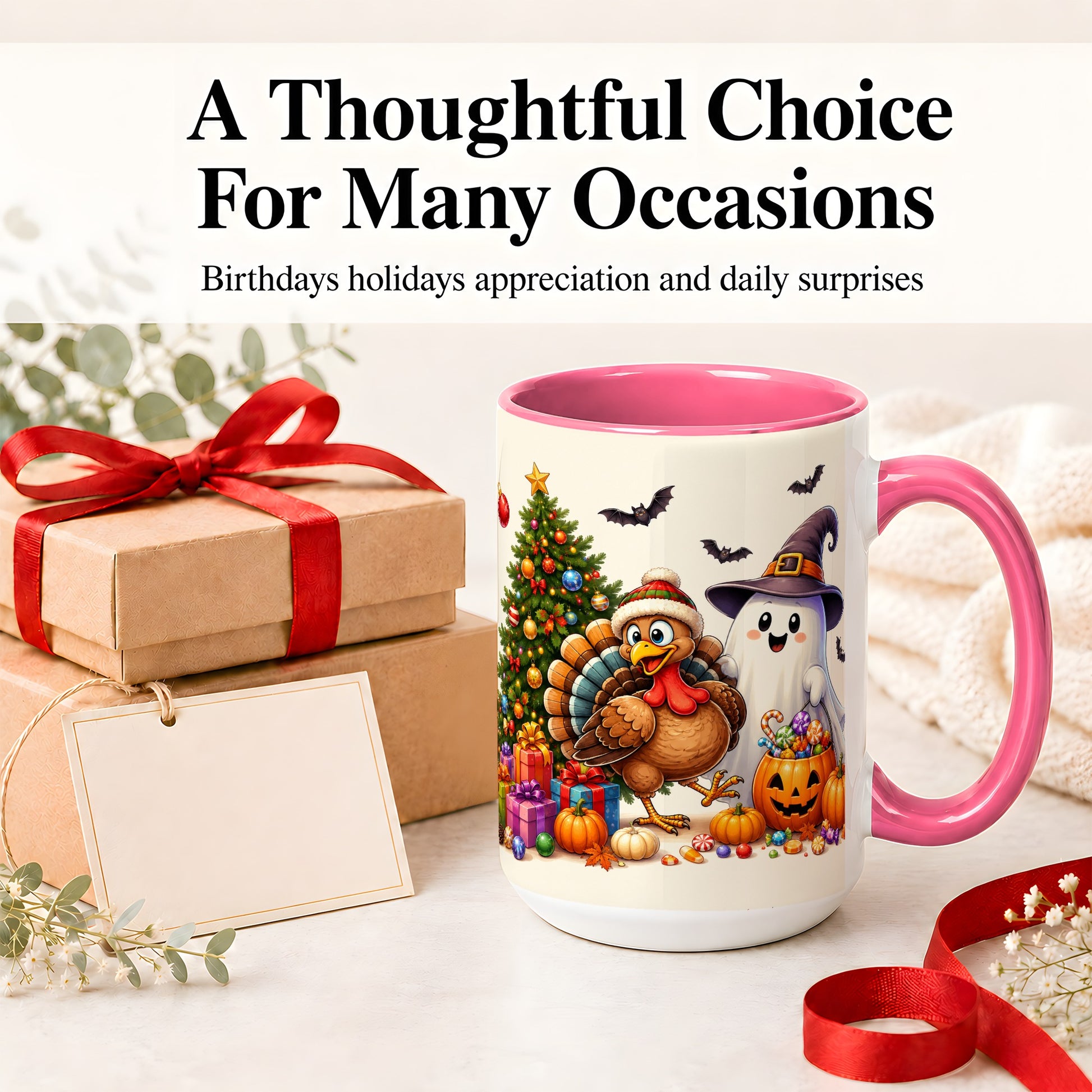 #pl[15oz|Pink] Ghost Turkey Christmas Ceramic Mug, Halloween Holiday Seasonal Art