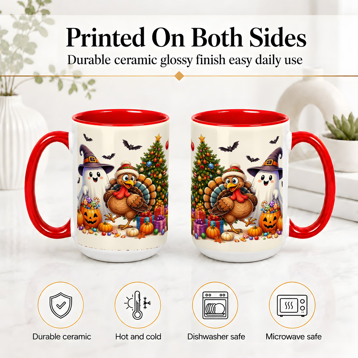 #pl[15oz|Red] Ghost Turkey Christmas Ceramic Mug, Halloween Holiday Seasonal Art