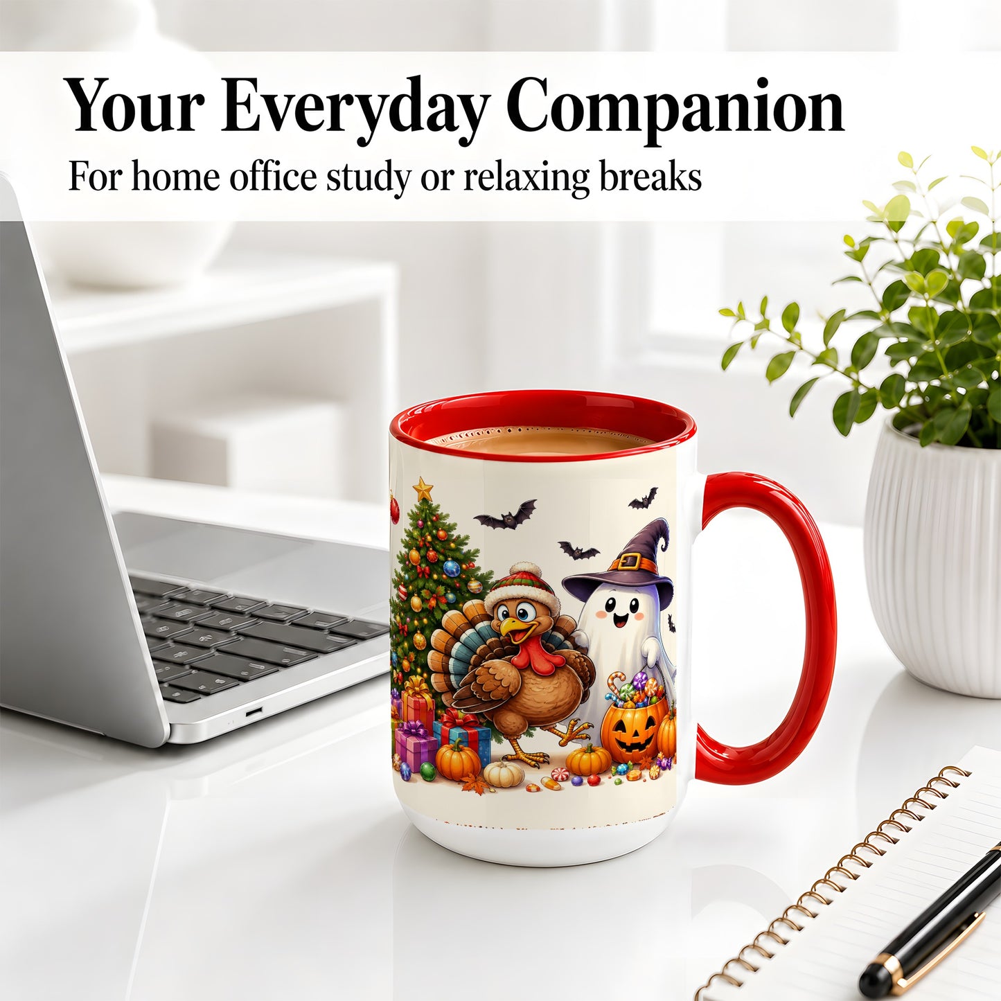#pl[15oz|Red] Ghost Turkey Christmas Ceramic Mug, Halloween Holiday Seasonal Art