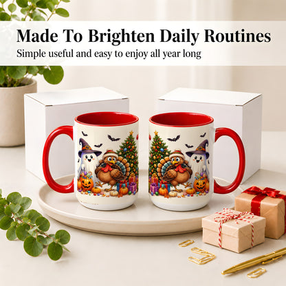#pl[15oz|Red] Ghost Turkey Christmas Ceramic Mug, Halloween Holiday Seasonal Art