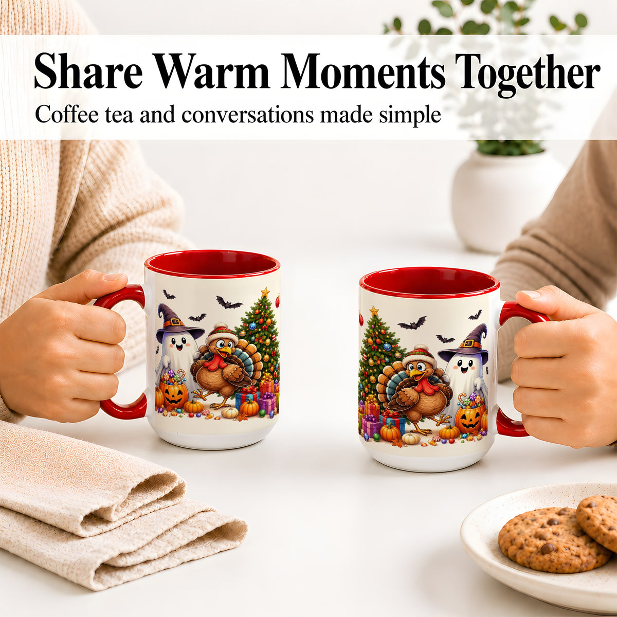 #pl[15oz|Red] Ghost Turkey Christmas Ceramic Mug, Halloween Holiday Seasonal Art