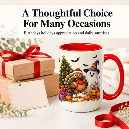 #pl[15oz|Red] Ghost Turkey Christmas Ceramic Mug, Halloween Holiday Seasonal Art