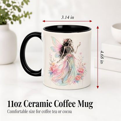 #pl[11oz|Black] Skeleton Fairy Ceramic Mug, Pastel Floral Gothic Fantasy Artwork