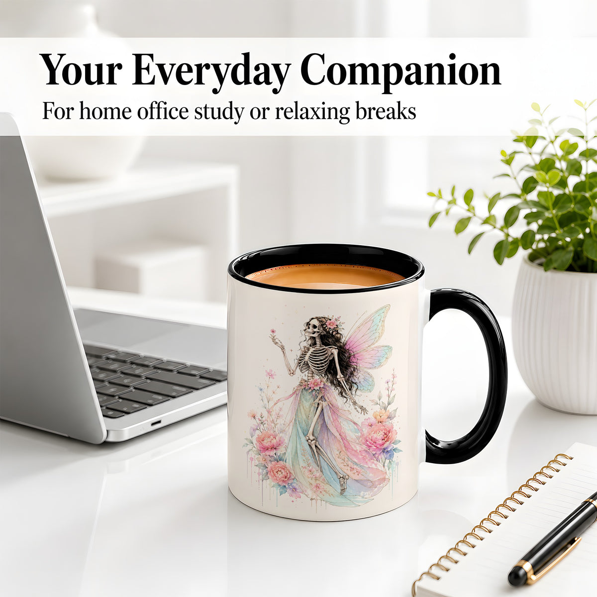 #pl[11oz|Black] Skeleton Fairy Ceramic Mug, Pastel Floral Gothic Fantasy Artwork
