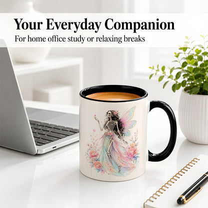 #pl[11oz|Black] Skeleton Fairy Ceramic Mug, Pastel Floral Gothic Fantasy Artwork