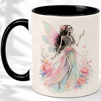 #pl[11oz|Black] Skeleton Fairy Ceramic Mug, Pastel Floral Gothic Fantasy Artwork