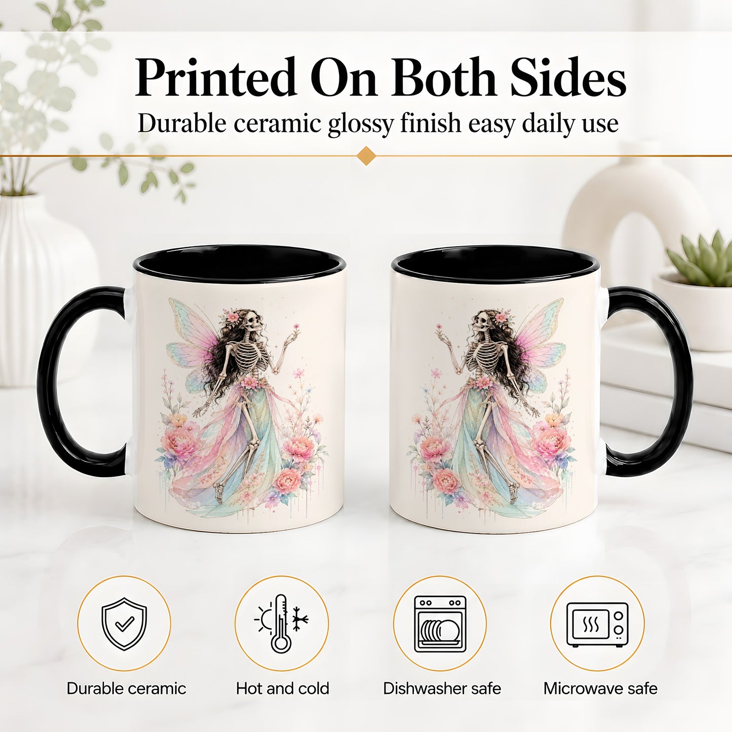 #pl[11oz|Black] Skeleton Fairy Ceramic Mug, Pastel Floral Gothic Fantasy Artwork