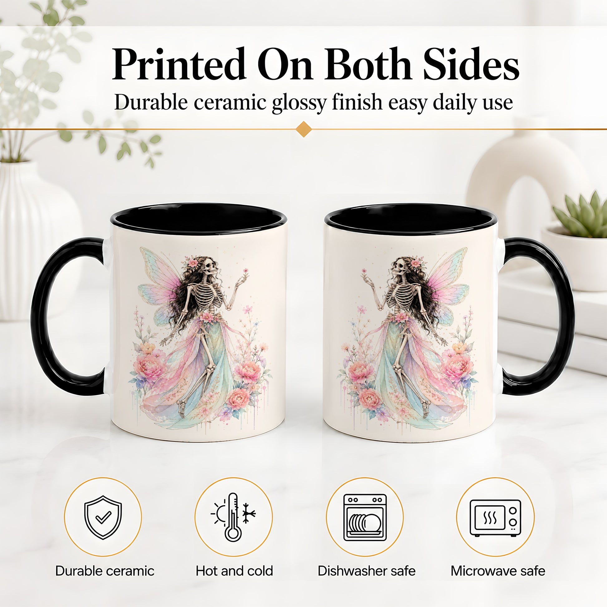 #pl[11oz|Black] Skeleton Fairy Ceramic Mug, Pastel Floral Gothic Fantasy Artwork