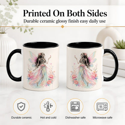 #pl[11oz|Black] Skeleton Fairy Ceramic Mug, Pastel Floral Gothic Fantasy Artwork