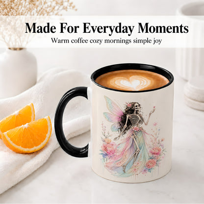 #pl[11oz|Black] Skeleton Fairy Ceramic Mug, Pastel Floral Gothic Fantasy Artwork