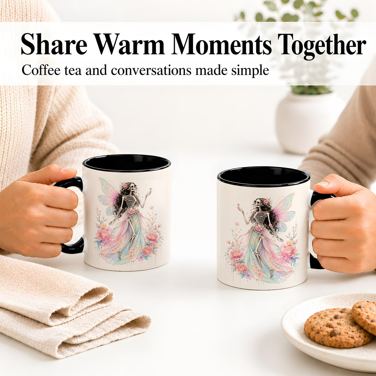 #pl[11oz|Black] Skeleton Fairy Ceramic Mug, Pastel Floral Gothic Fantasy Artwork
