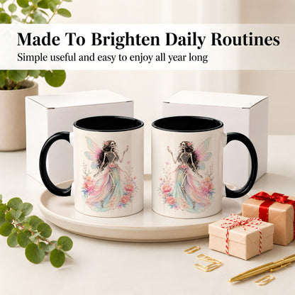 #pl[11oz|Black] Skeleton Fairy Ceramic Mug, Pastel Floral Gothic Fantasy Artwork