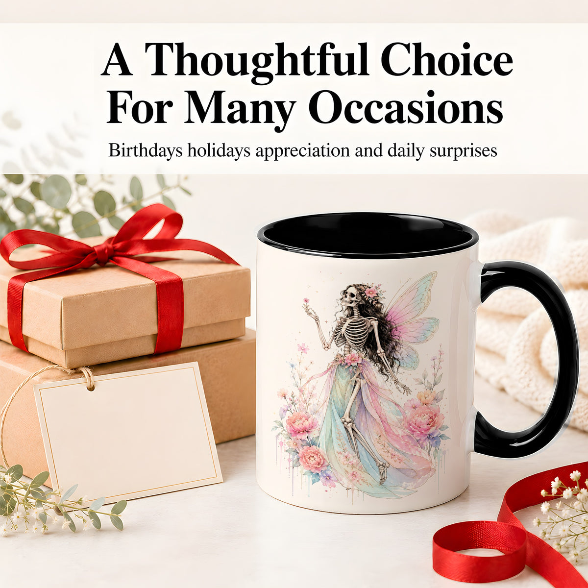 #pl[11oz|Black] Skeleton Fairy Ceramic Mug, Pastel Floral Gothic Fantasy Artwork