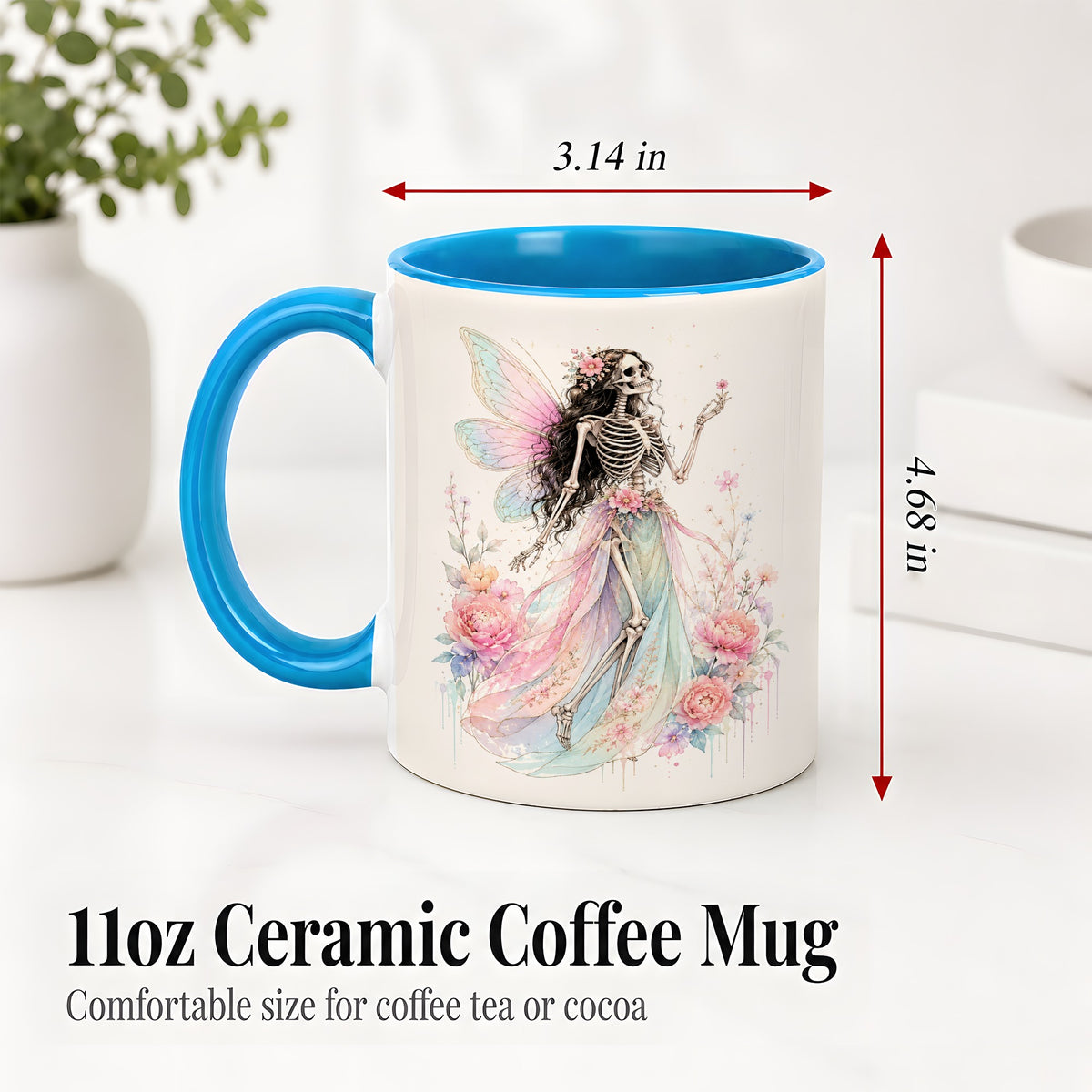 #pl[11oz|Blue] Skeleton Fairy Ceramic Mug, Pastel Floral Gothic Fantasy Artwork