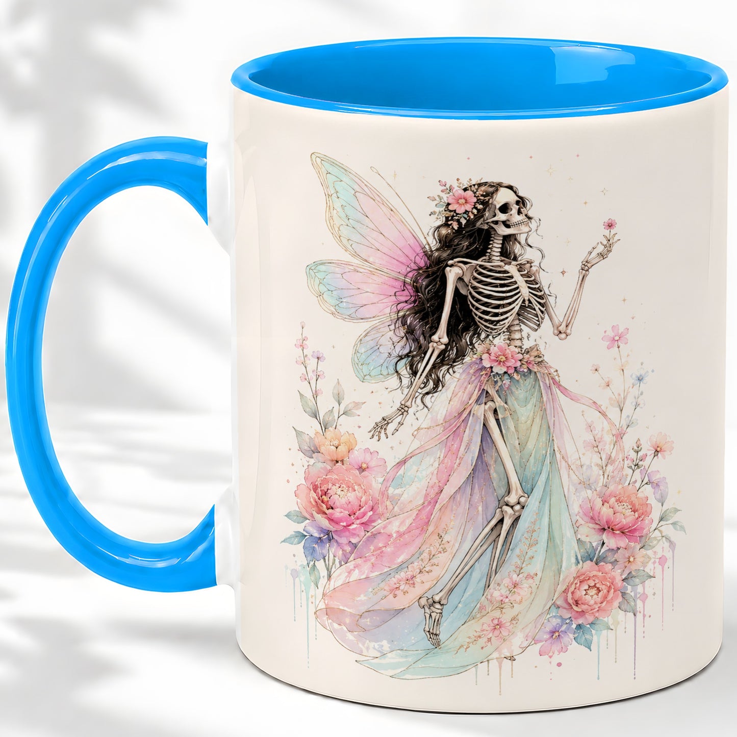 #pl[11oz|Blue] Skeleton Fairy Ceramic Mug, Pastel Floral Gothic Fantasy Artwork
