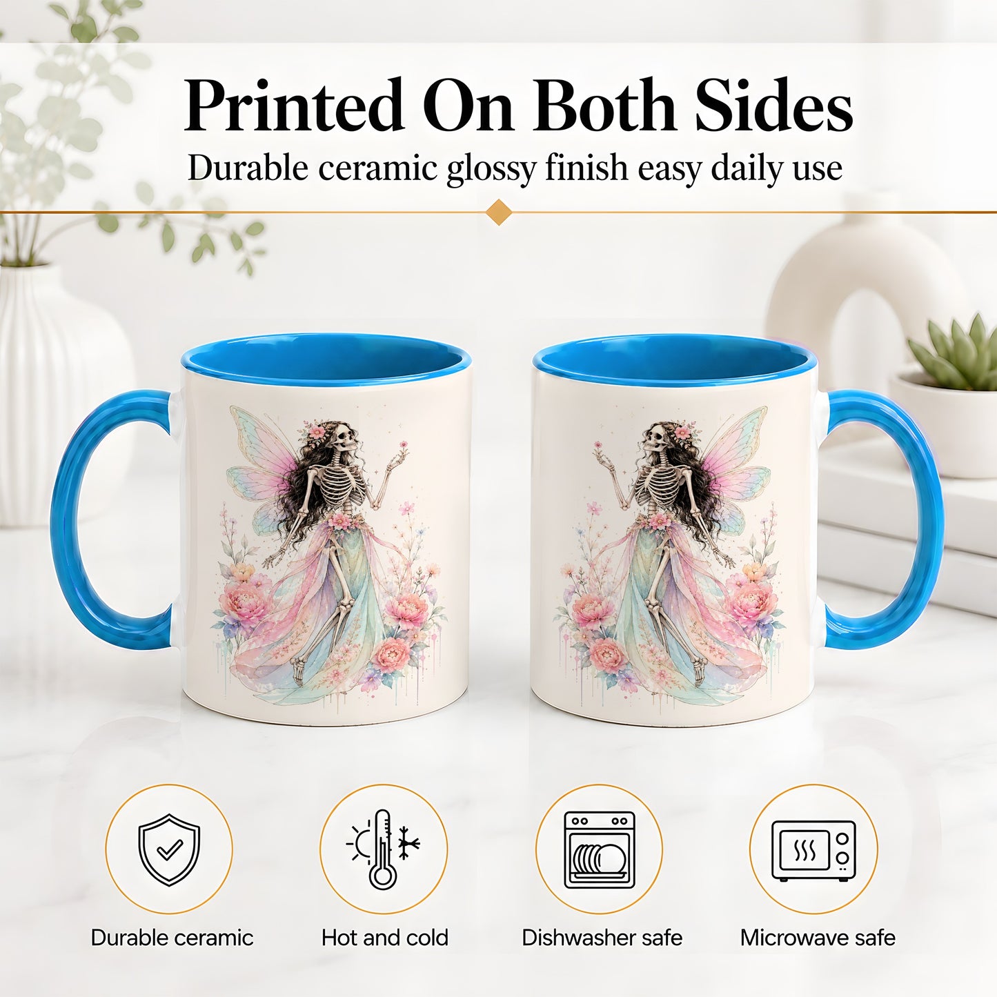 #pl[11oz|Blue] Skeleton Fairy Ceramic Mug, Pastel Floral Gothic Fantasy Artwork