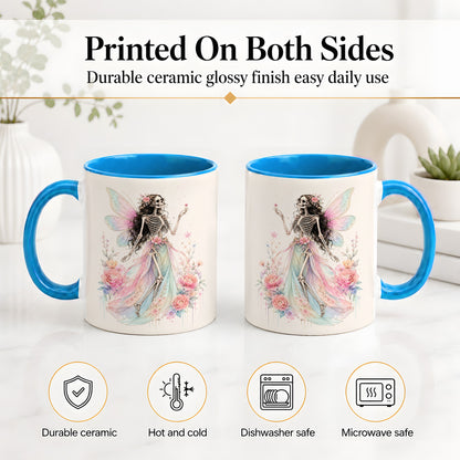 #pl[11oz|Blue] Skeleton Fairy Ceramic Mug, Pastel Floral Gothic Fantasy Artwork