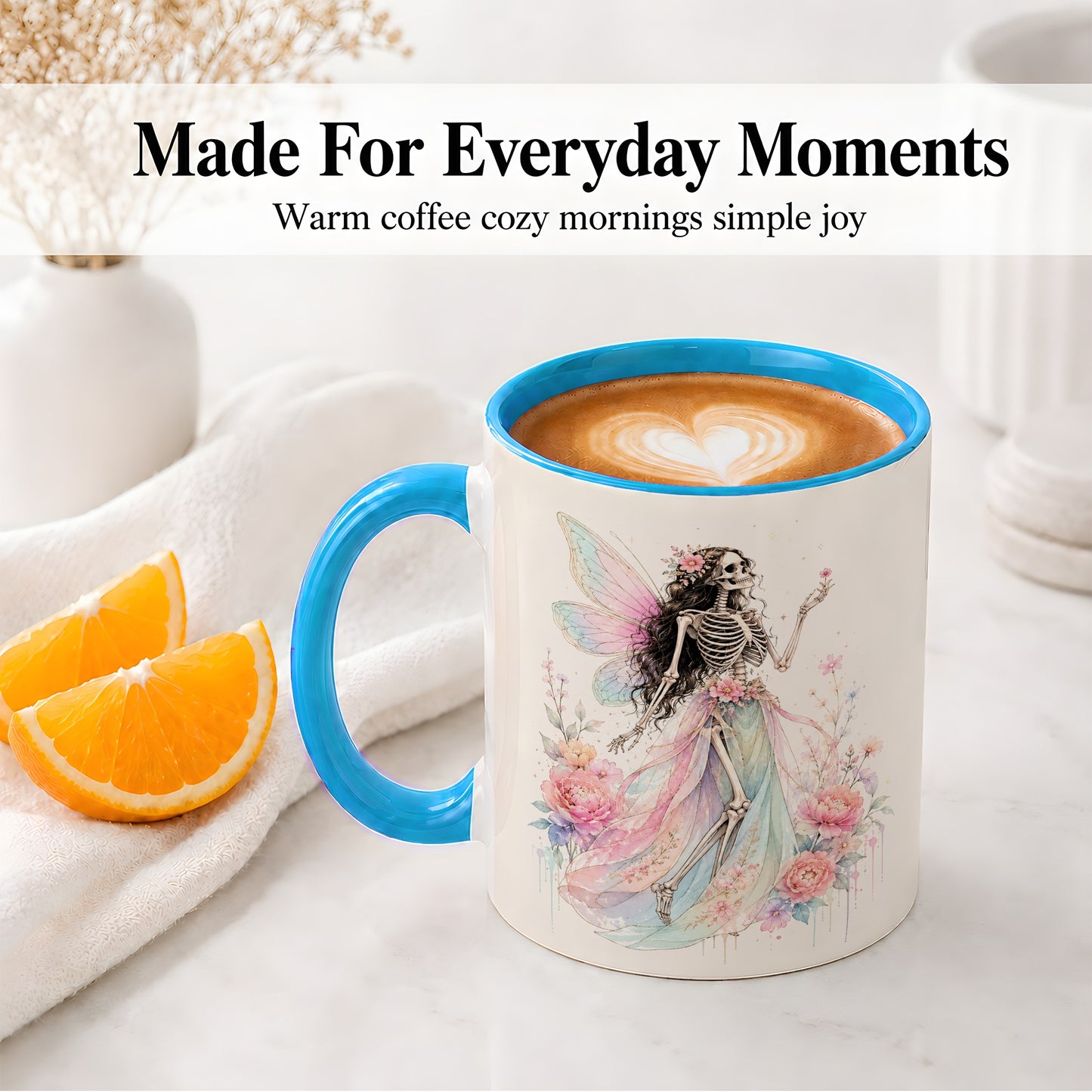 #pl[11oz|Blue] Skeleton Fairy Ceramic Mug, Pastel Floral Gothic Fantasy Artwork