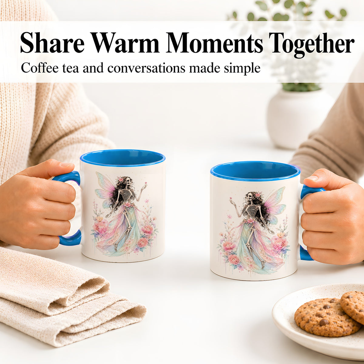 #pl[11oz|Blue] Skeleton Fairy Ceramic Mug, Pastel Floral Gothic Fantasy Artwork