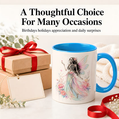 #pl[11oz|Blue] Skeleton Fairy Ceramic Mug, Pastel Floral Gothic Fantasy Artwork
