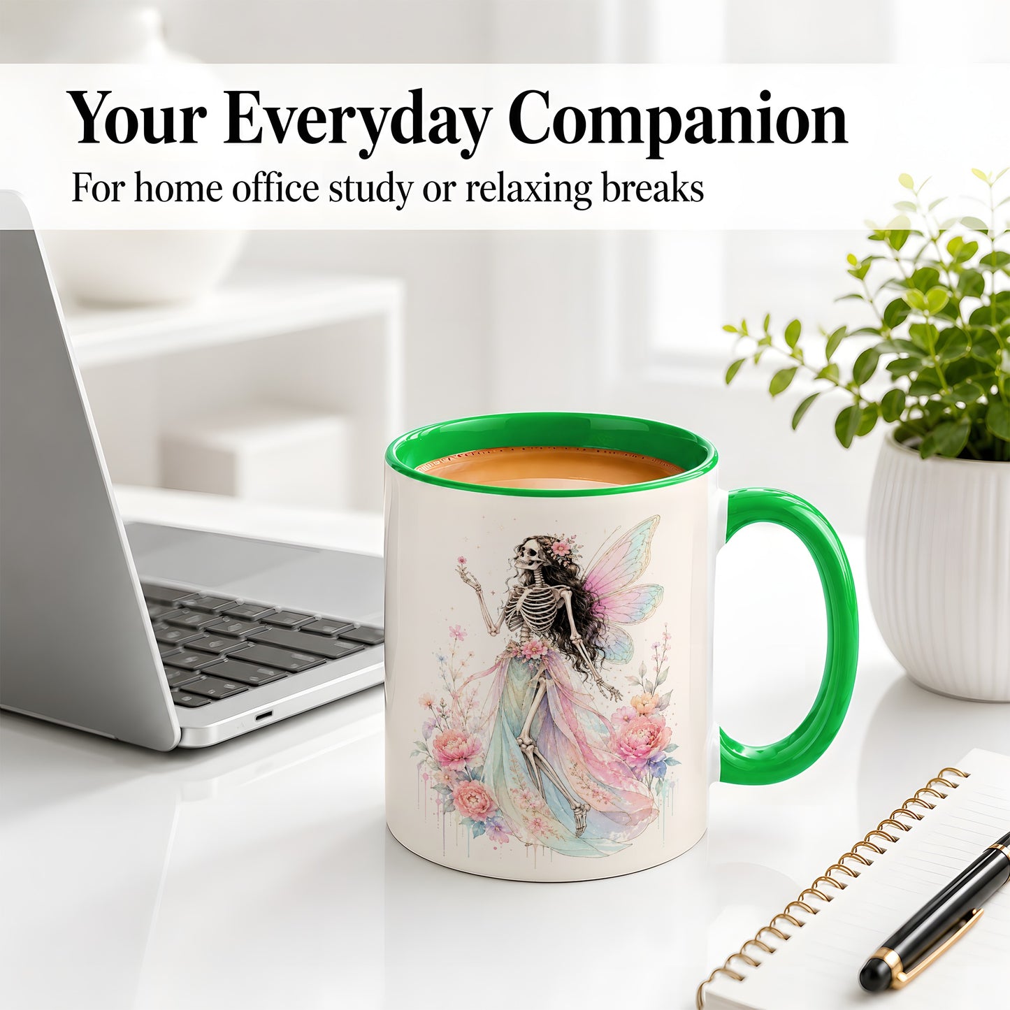 #pl[11oz|Green] Skeleton Fairy Ceramic Mug, Pastel Floral Gothic Fantasy Artwork