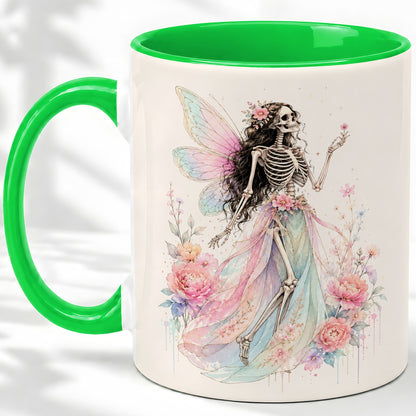 #pl[11oz|Green] Skeleton Fairy Ceramic Mug, Pastel Floral Gothic Fantasy Artwork