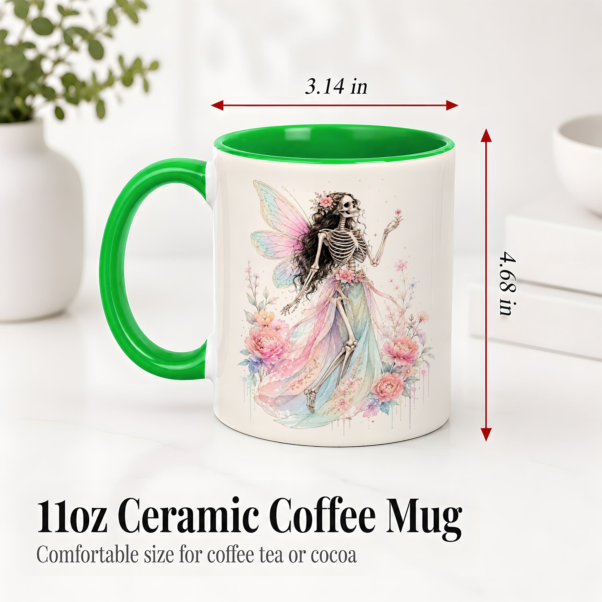 #pl[11oz|Green] Skeleton Fairy Ceramic Mug, Pastel Floral Gothic Fantasy Artwork