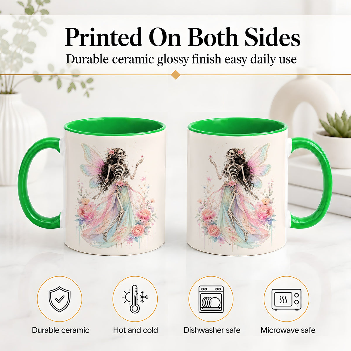 #pl[11oz|Green] Skeleton Fairy Ceramic Mug, Pastel Floral Gothic Fantasy Artwork