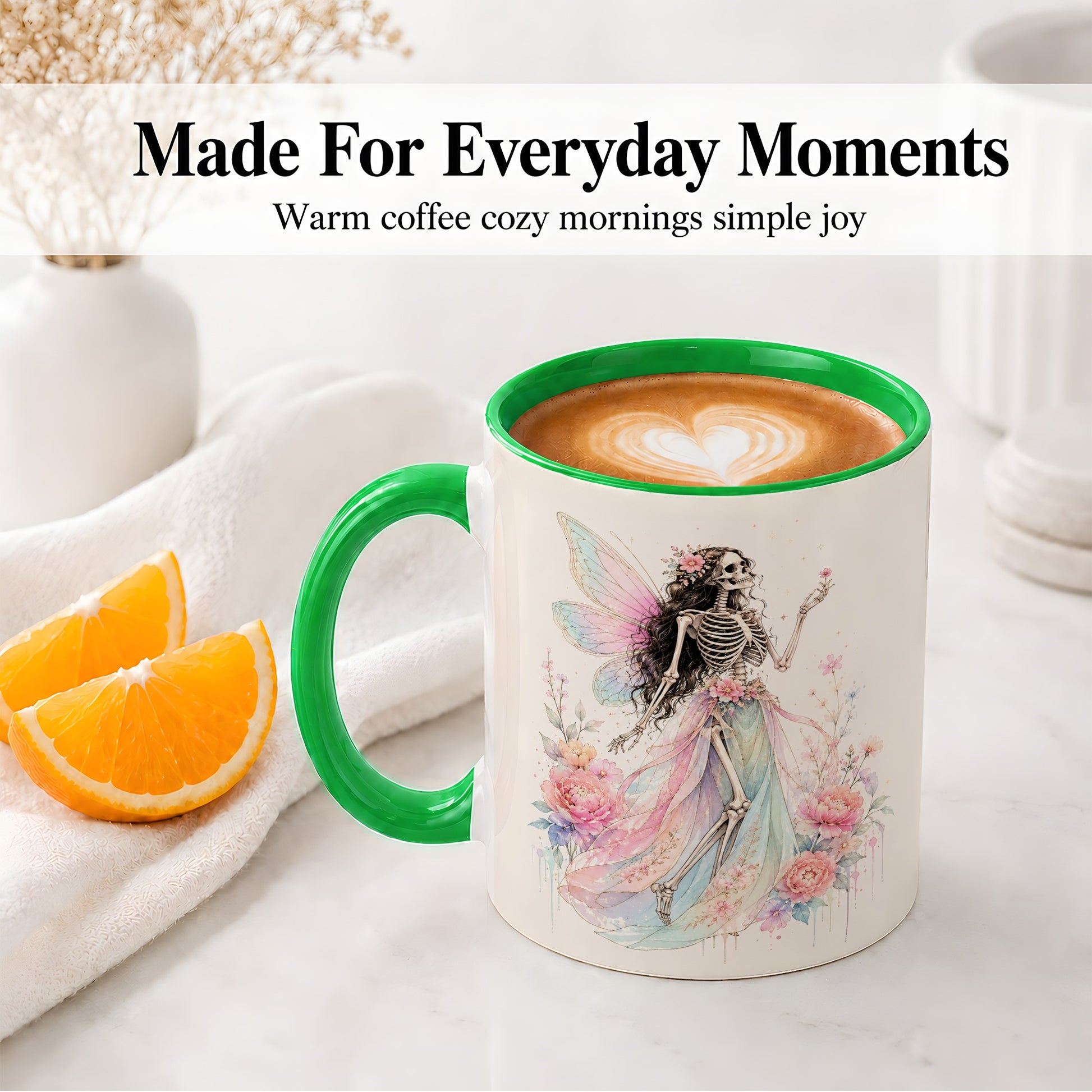 #pl[11oz|Green] Skeleton Fairy Ceramic Mug, Pastel Floral Gothic Fantasy Artwork