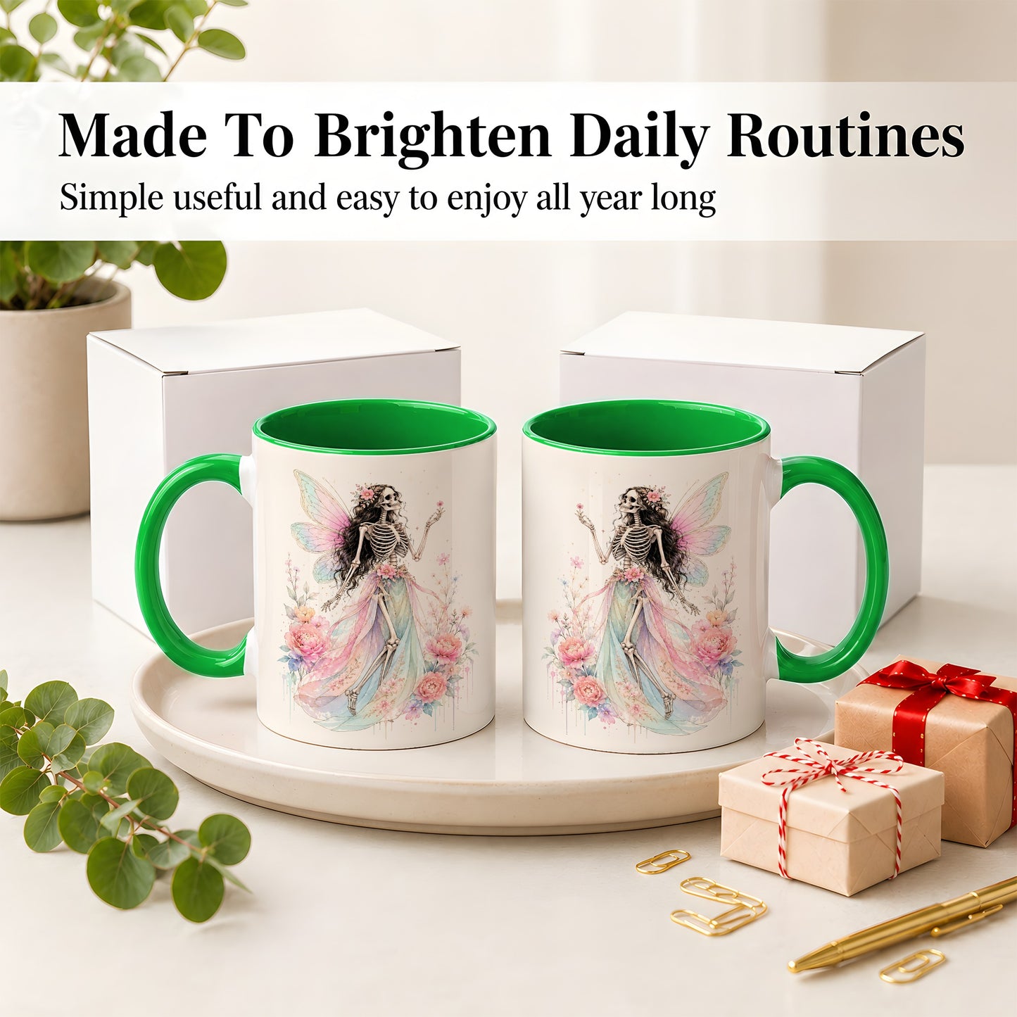 #pl[11oz|Green] Skeleton Fairy Ceramic Mug, Pastel Floral Gothic Fantasy Artwork