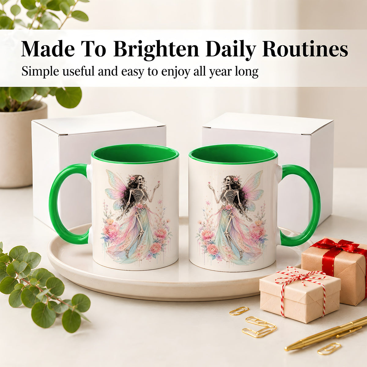 #pl[11oz|Green] Skeleton Fairy Ceramic Mug, Pastel Floral Gothic Fantasy Artwork