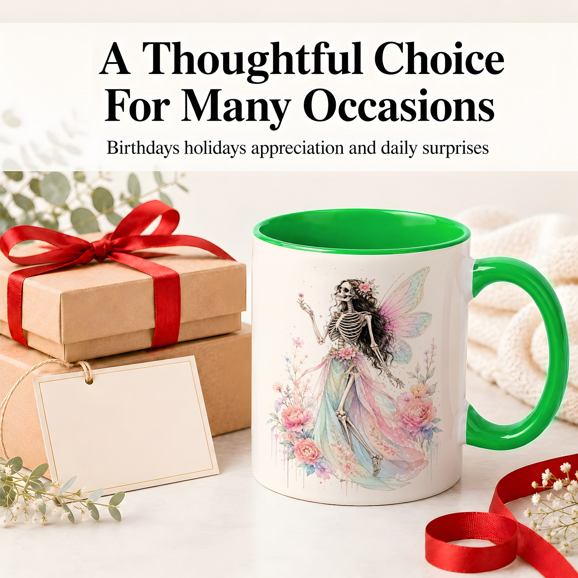 #pl[11oz|Green] Skeleton Fairy Ceramic Mug, Pastel Floral Gothic Fantasy Artwork