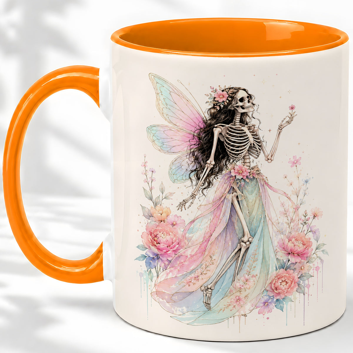 #pl[11oz|Orange] Skeleton Fairy Ceramic Mug, Pastel Floral Gothic Fantasy Artwork