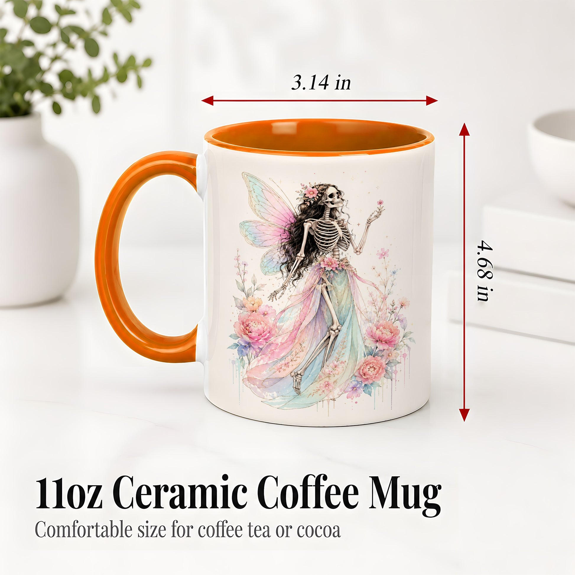 #pl[11oz|Orange] Skeleton Fairy Ceramic Mug, Pastel Floral Gothic Fantasy Artwork