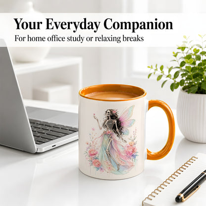 #pl[11oz|Orange] Skeleton Fairy Ceramic Mug, Pastel Floral Gothic Fantasy Artwork