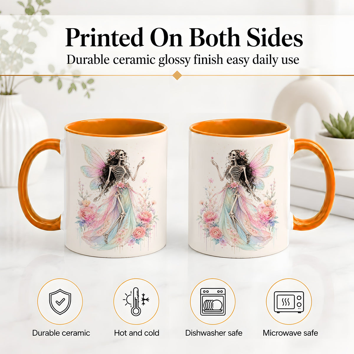 #pl[11oz|Orange] Skeleton Fairy Ceramic Mug, Pastel Floral Gothic Fantasy Artwork