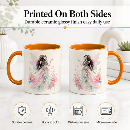 #pl[11oz|Orange] Skeleton Fairy Ceramic Mug, Pastel Floral Gothic Fantasy Artwork