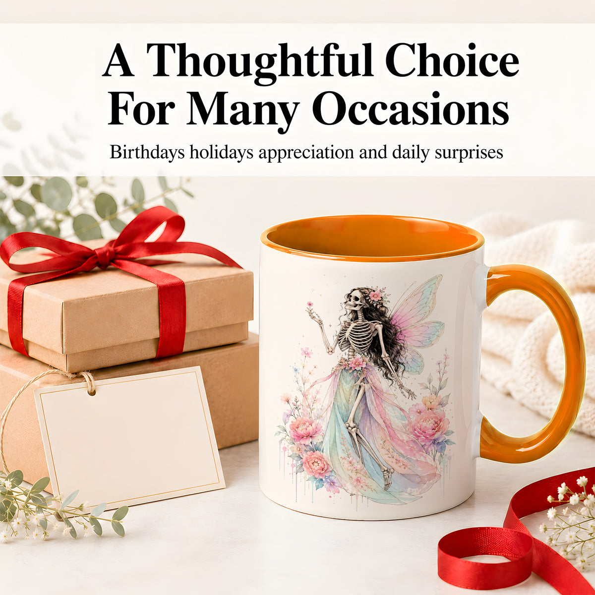 #pl[11oz|Orange] Skeleton Fairy Ceramic Mug, Pastel Floral Gothic Fantasy Artwork