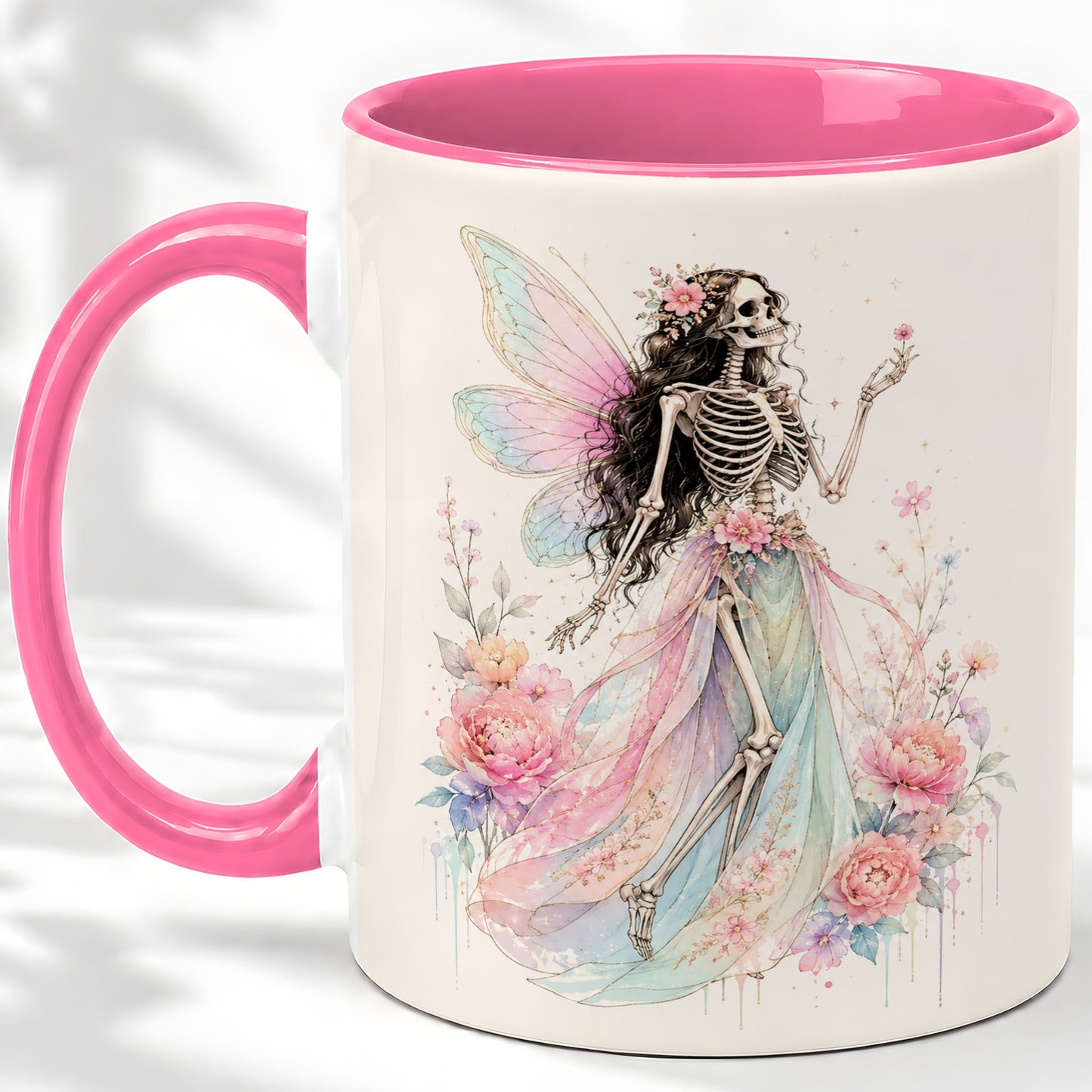 #pl[11oz|Pink] Skeleton Fairy Ceramic Mug, Pastel Floral Gothic Fantasy Artwork
