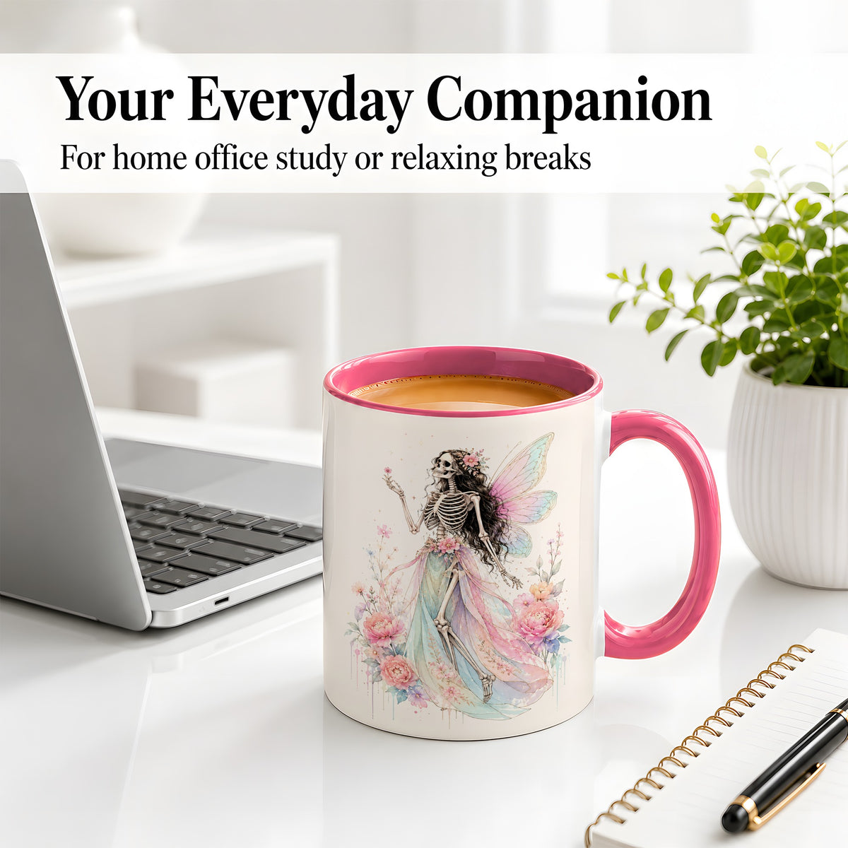 #pl[11oz|Pink] Skeleton Fairy Ceramic Mug, Pastel Floral Gothic Fantasy Artwork