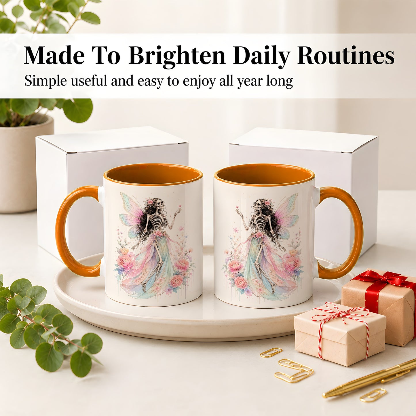 #pl[11oz|Orange] Skeleton Fairy Ceramic Mug, Pastel Floral Gothic Fantasy Artwork