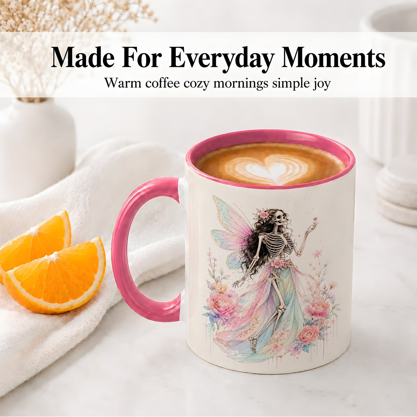 #pl[11oz|Pink] Skeleton Fairy Ceramic Mug, Pastel Floral Gothic Fantasy Artwork