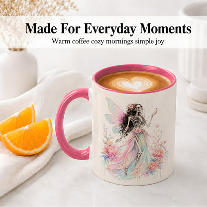 #pl[11oz|Pink] Skeleton Fairy Ceramic Mug, Pastel Floral Gothic Fantasy Artwork